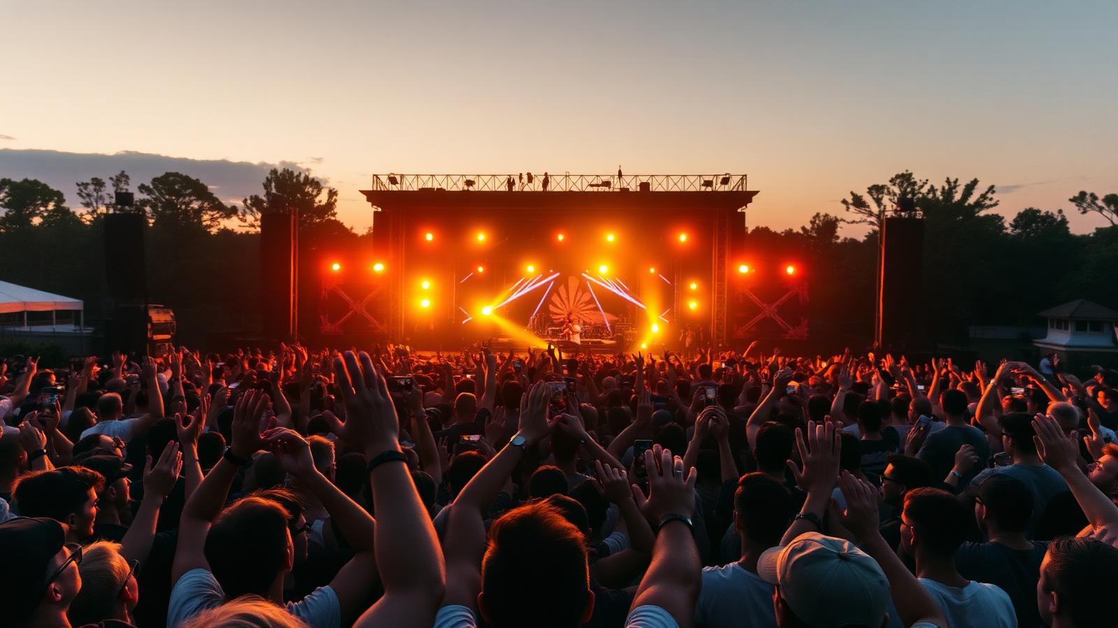 Crowd with hands raised in front of a lit festival stage