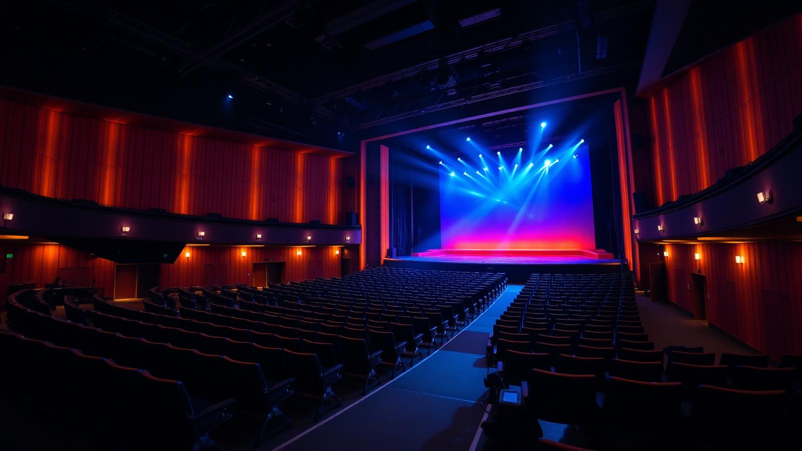 Concert venue interior lit in blue and amber before doors open