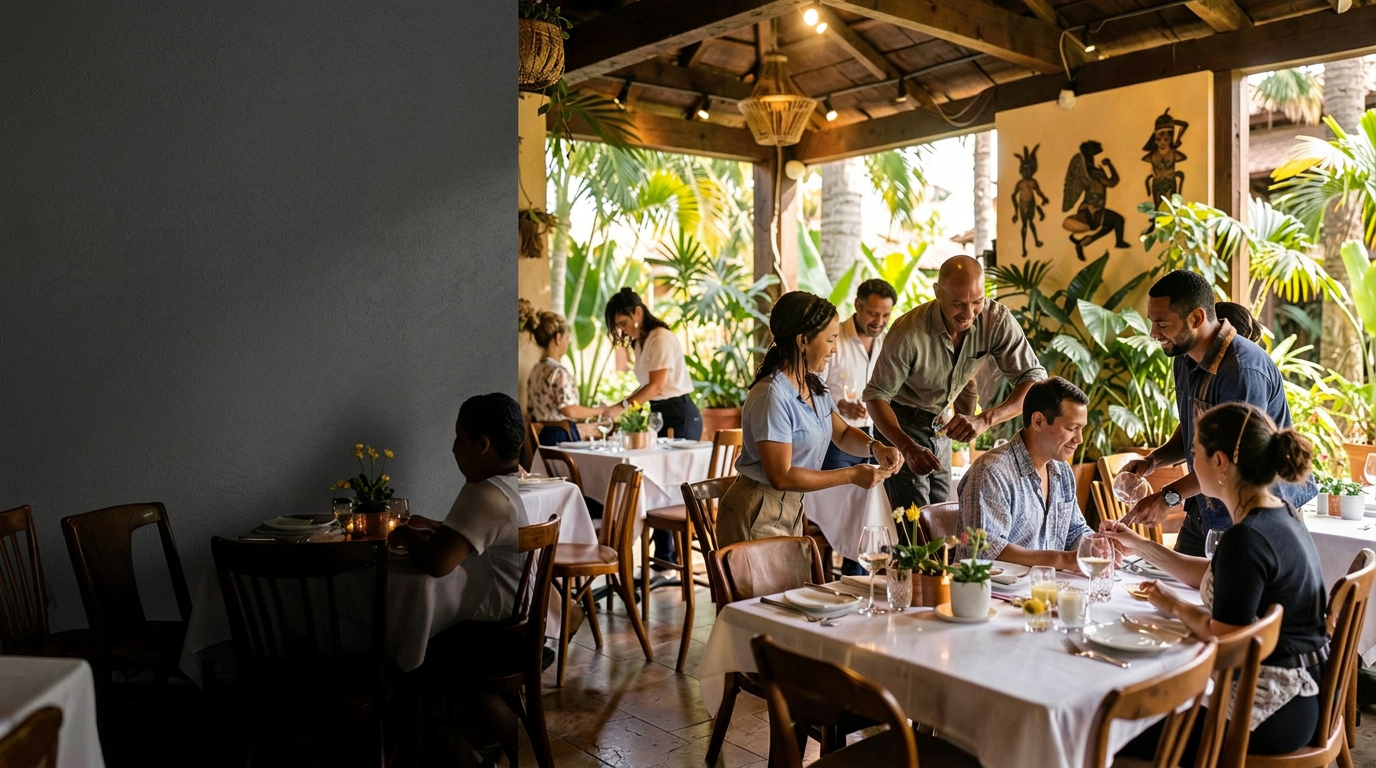 Restaurant team welcoming diners in a Caribbean dining room
